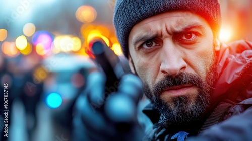 A serious-looking man in a beanie holds a camera with focus as urban lights flicker around him, capturing the essence of city life and modern photography. photo