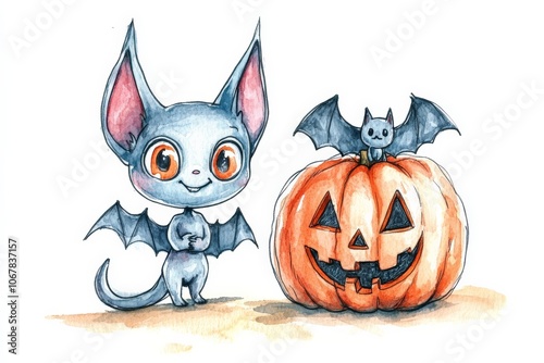 A charming bat figure stands next to a pumpkin with a carved face, featuring another smaller bat atop the pumpkin. The scene is whimsical with festive vibes.