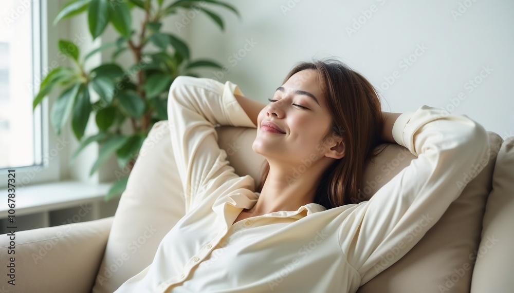 A serene woman relaxing on the sofa with closed eyes, exhaling stress and enjoying a peaceful moment in her cozy living room environment.
A serene woman relaxing on the sofa with closed eyes, exhaling stress and enjoying a peaceful moment in her cozy living room environment.