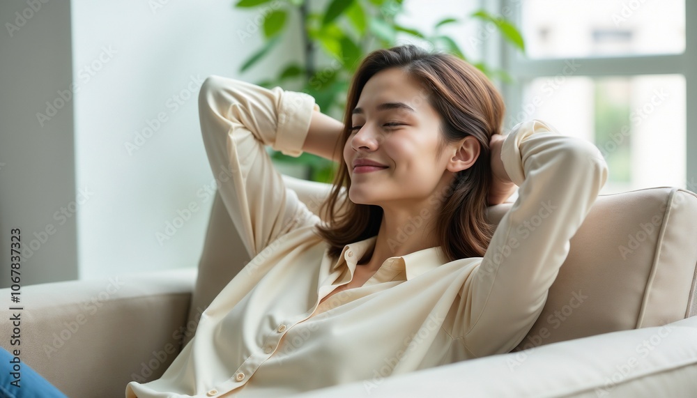 A serene woman relaxing on the sofa with closed eyes, exhaling stress and enjoying a peaceful moment in her cozy living room environment.
A serene woman relaxing on the sofa with closed eyes, exhaling stress and enjoying a peaceful moment in her cozy living room environment.