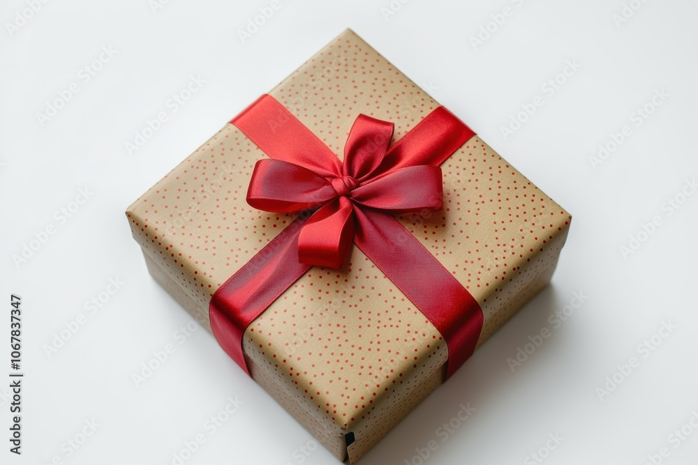 Wrapped gift box with a red ribbon bow isolated on a pure white background Wrapped gift box with a red ribbon bow isolated on a pure white background