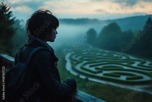 A young woman gazes over a misty garden maze at dusk, her silhouette blending into the enigmatic landscape, evoking feelings of mystery and solitude. photo