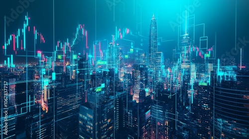 Cyber City Finance: Neon-lit cityscape at night with dynamic stock market graphs overlayed, symbolizing the pulse of global finance and technological innovation.