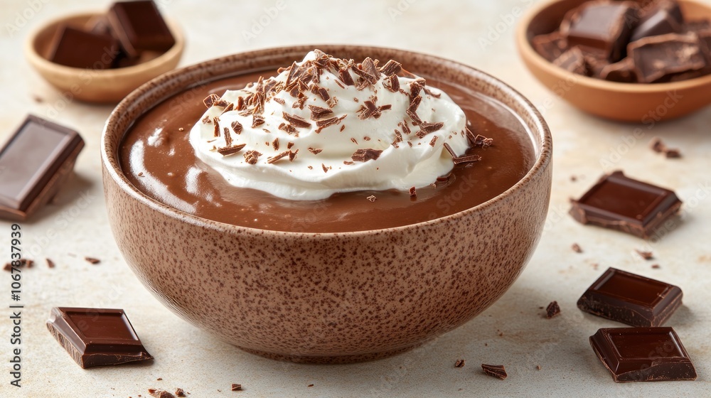 Creamy chocolate pudding in a bowl with whipped cream and chocolate shavings. Creamy chocolate pudding in a bowl with whipped cream and chocolate shavings.