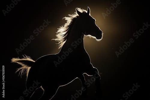 A powerful horse rears with its silhouette accentuated by a glowing mane, capturing dynamic motion against the backdrop of a luminous halo. photo