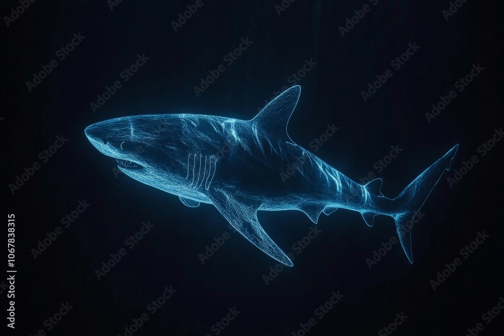 Obraz premium A modern digital-style silhouette of a shark illuminated with a cool blue light, capturing its sleek and swift form as it swims through the dark underwater setting.