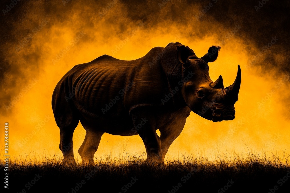 Obraz premium A striking silhouette of a rhinoceros, illuminated by intense fiery light, capturing its majestic form in a dramatic and powerful depiction against the darkness.