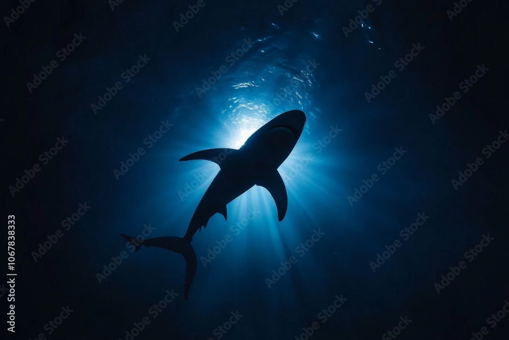 Fototapeta premium A powerful silhouette of a shark ascends towards a radiant aquatic surface, evoking raw nature's beauty and mystery, captured in an evocative, minimalist style.