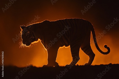 In the twilight's glow, a striking tiger silhouette with its edges illuminated evokes the primal power and silent grace of one of nature's fiercest animals. photo