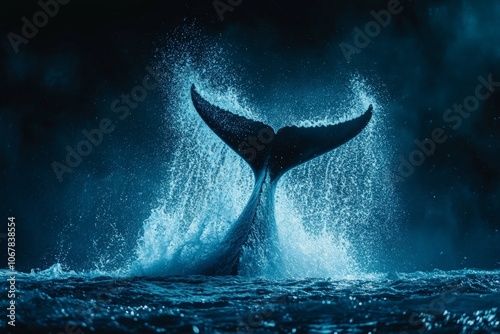 An awe-inspiring photograph of a whale tail powerfully emerging from ocean depths, causing a vibrant splash and embodying the strength and grace of marine giants. photo