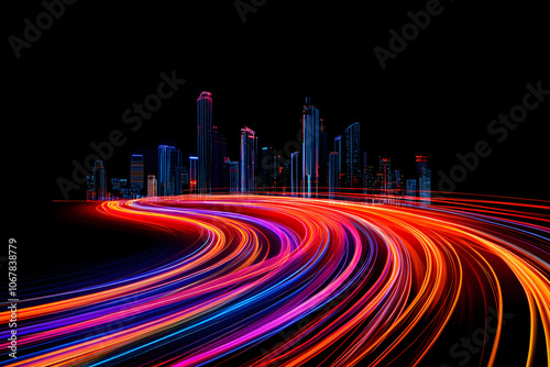 Immersive 3D animation of neon light trails creating a futuristic city skyline on a black background, AR 3:2 ratio and size 50. photo