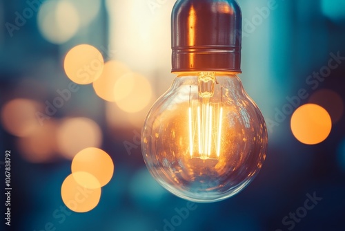 A classic Edison-style light bulb glows warmly, radiating soft light against a background of blurred bokeh, highlighting vintage charm and modern style.