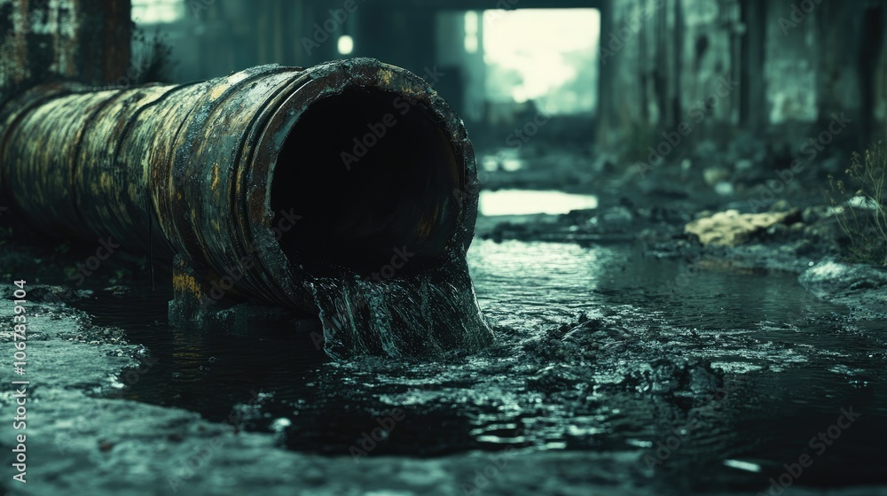 Close-up of damaged pipe with dark water gushing out, dirty surroundings, environmental issue theme Close-up of damaged pipe with dark water gushing out, dirty surroundings, environmental issue theme