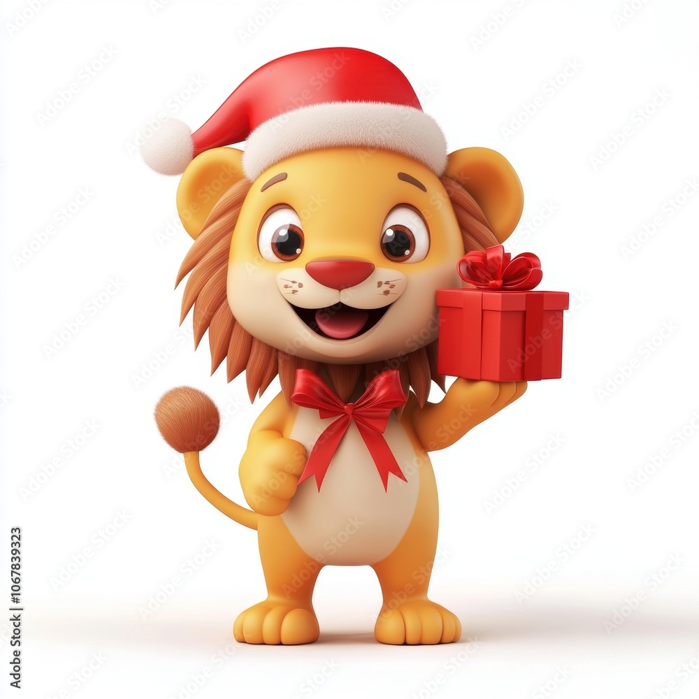 3D rendering cute lion holding a gift box isolated over white background. 3D rendering cute lion holding a gift box isolated over white background.