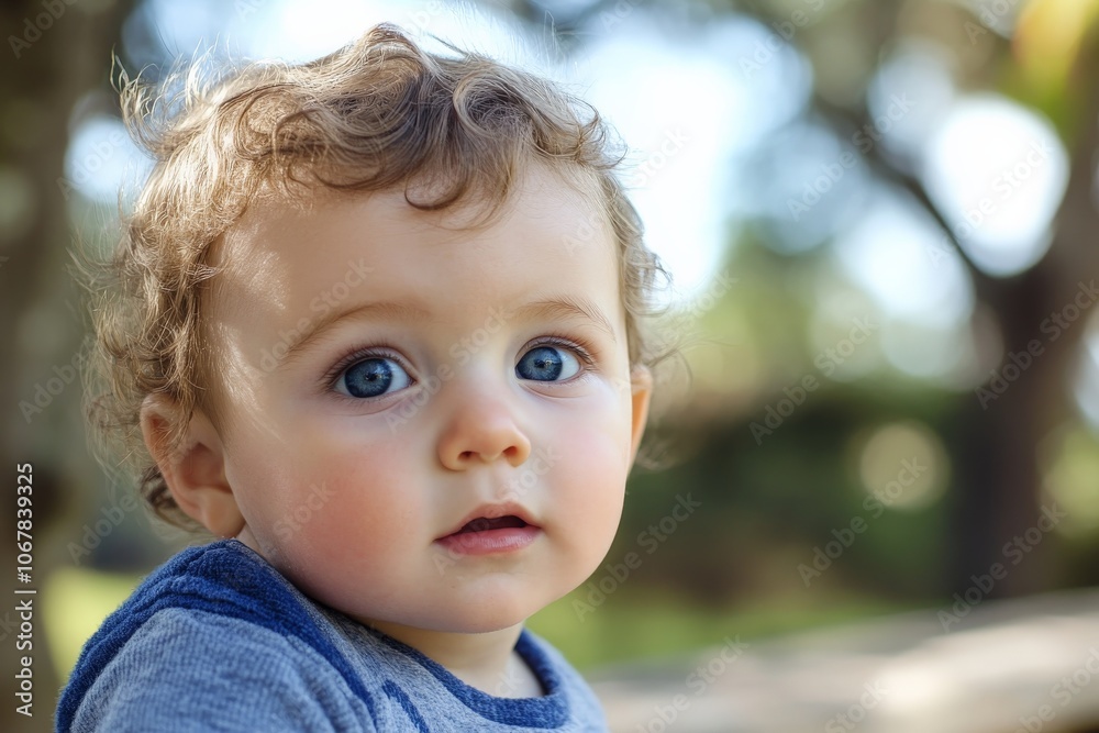 Close-up portrait of an adorable blue-eyed baby with curly hair, capturing innocence, curiosity, and the wonder of childhood in a bright, outdoor setting. Close-up portrait of an adorable blue-eyed baby with curly hair, capturing innocence, curiosity, and the wonder of childhood in a bright, outdoor setting.