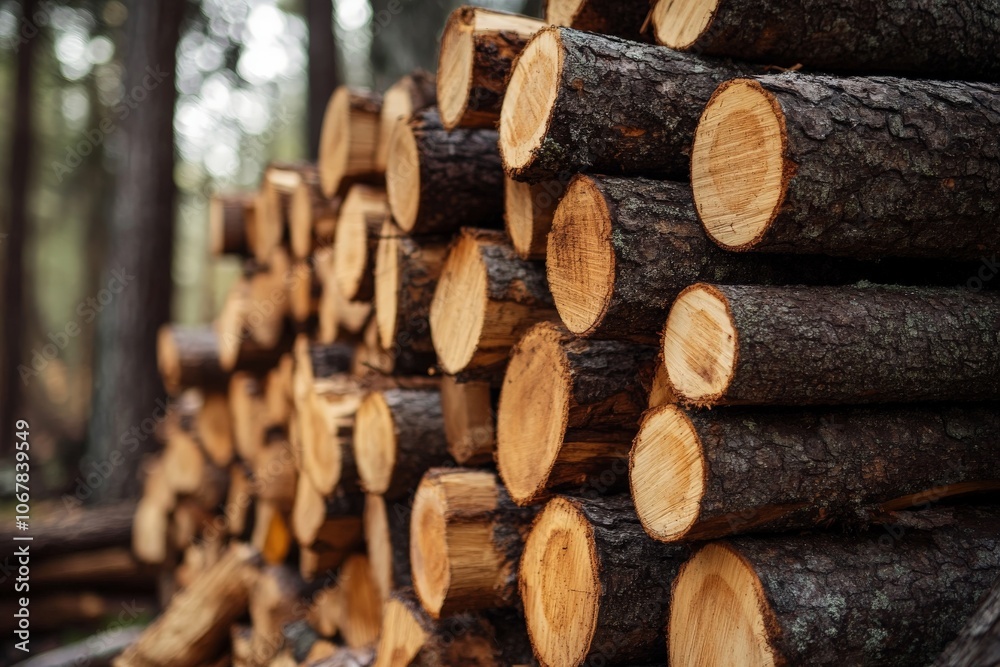 Neatly stacked logs of timber lie waiting in a forest, highlighting the raw materials and resources of the natural environment, ready for processing and use. Neatly stacked logs of timber lie waiting in a forest, highlighting the raw materials and resources of the natural environment, ready for processing and use.