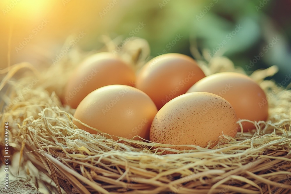 A picturesque nest with five eggs is beautifully displayed, bathed in soft morning sunlight, symbolizing life, hope, and the gentle promise of new beginnings. A picturesque nest with five eggs is beautifully displayed, bathed in soft morning sunlight, symbolizing life, hope, and the gentle promise of new beginnings.