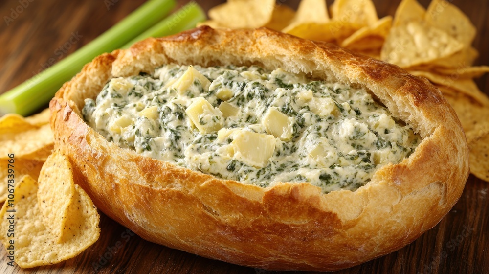 Creamy spinach artichoke dip served in a bread bowl with tortilla chips and celery sticks. Creamy spinach artichoke dip served in a bread bowl with tortilla chips and celery sticks.
