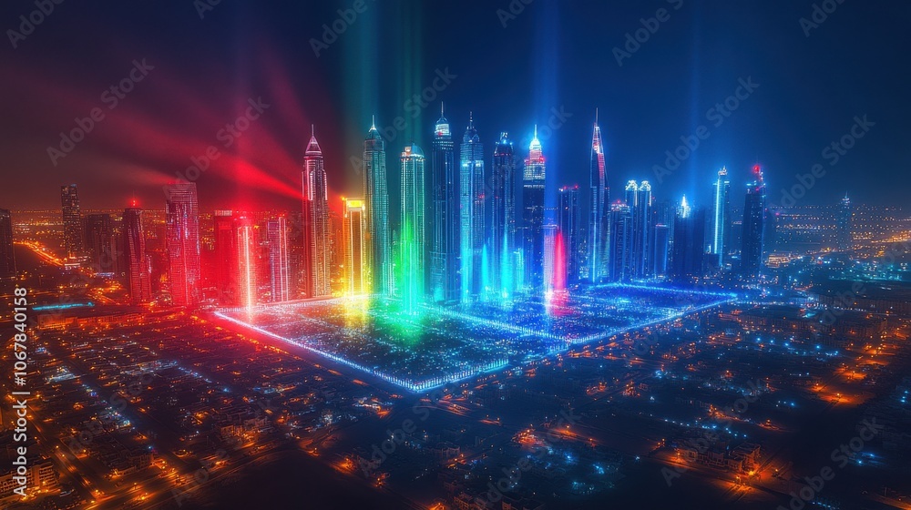 Fototapeta premium A stunning aerial view of Dubai’s illuminated skyscrapers at night, with vibrant neon lights and towering buildings creating a futuristic and festive atmosphere for UAE National Day.