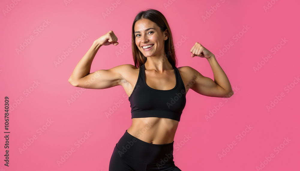 Confident female athlete in black sportswear flexing her muscles against a vibrant pink background. Represents strength, health, and empowerment in fitness. Ideal for promoting active lifestyle and mo Confident female athlete in black sportswear flexing her muscles against a vibrant pink background. Represents strength, health, and empowerment in fitness. Ideal for promoting active lifestyle and mo