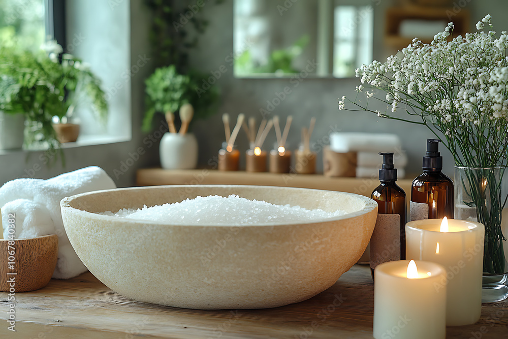 Elegant bathroom set with sea salt and essential oils, arranged with candles and towels, creating a soothing spa-like atmosphere with natural wellness products.
Elegant bathroom set with sea salt and essential oils, arranged with candles and towels, creating a soothing spa-like atmosphere with natural wellness products.