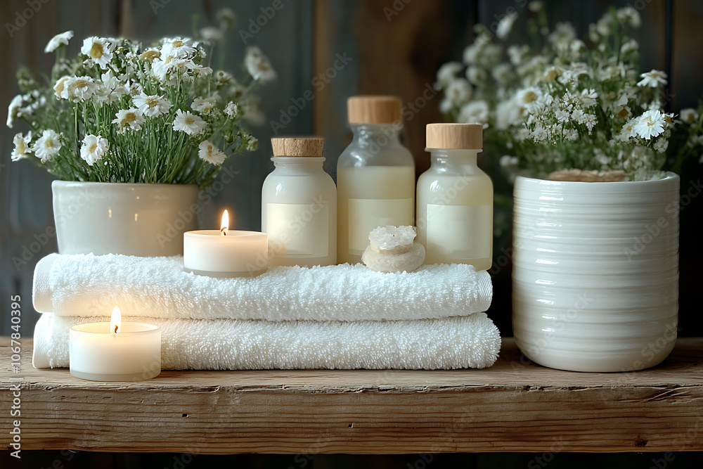 Elegant bathroom set with sea salt and essential oils, arranged with candles and towels, creating a soothing spa-like atmosphere with natural wellness products.
