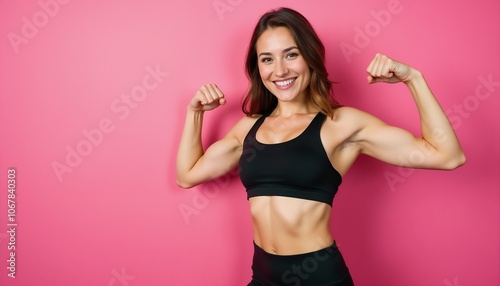 Confident female athlete in black sportswear flexing her muscles against a vibrant pink background. Represents strength, health, and empowerment in fitness. Ideal for promoting active lifestyle and mo