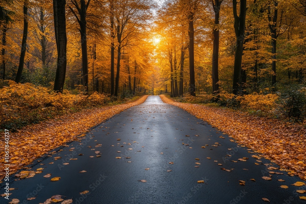 Fototapeta premium A wet road runs through an autumn forest. The road is lined with fallen leaves, creating a beautiful and peaceful scene. This image is perfect for illustrating the beauty of nature in the fall.