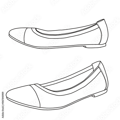 Women's Sole-Flex Ballerina Walking Ballet Flats Shoes Line art, Technical sketch hand drawing outline vector doodle illustration side and 3D Isometric view isolated on white background
