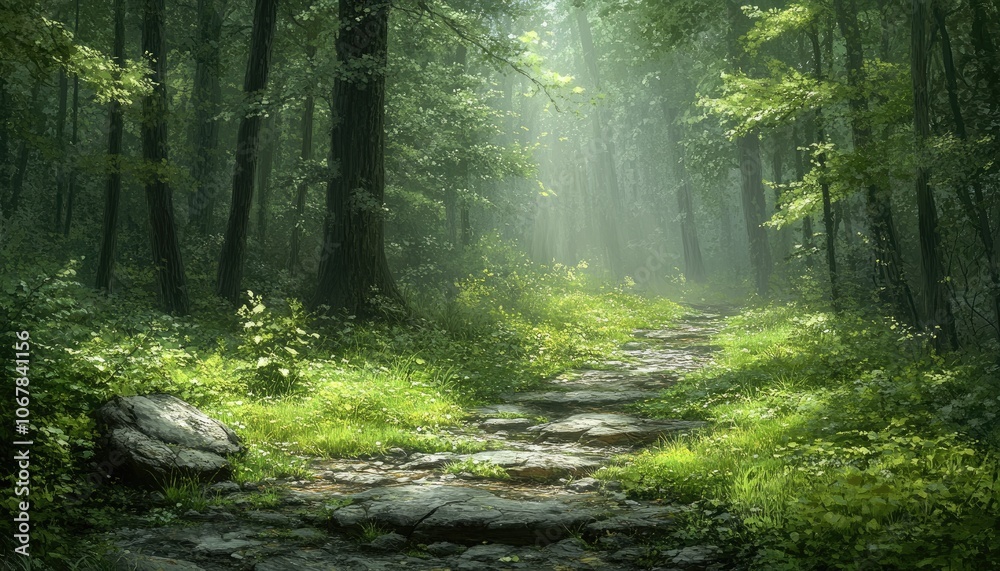 Fototapeta premium A stone path leads through a dense forest. The path is covered in a soft layer of greenery and leads to a mysterious light in the distance.