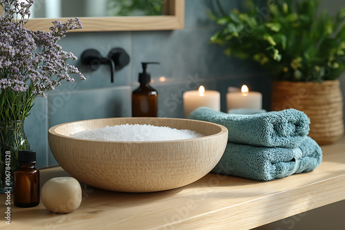 Elegant bathroom set with sea salt and essential oils, arranged with candles and towels, creating a soothing spa-like atmosphere with natural wellness products. 