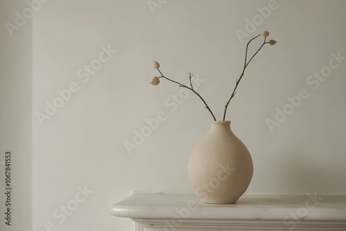 A beige ceramic vase holding sparse dried flowers is set on a marble surface, conveying an understated elegance with a neutral color palette and minimalistic design. photo