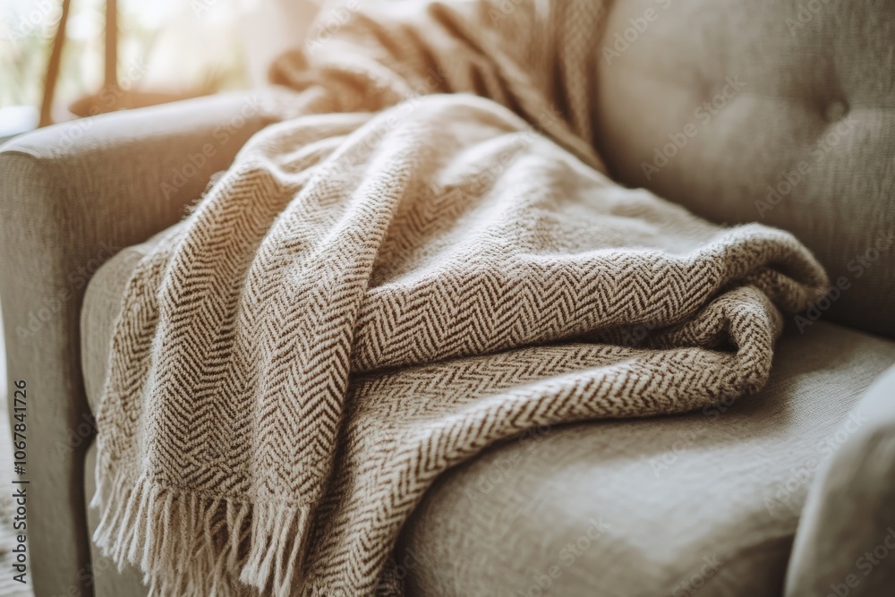 Fototapeta premium An elegant knitted throw rests on a textured armchair, exuding warmth and sophistication, capturing a cozy vibe perfect for relaxation in a well-styled living space.