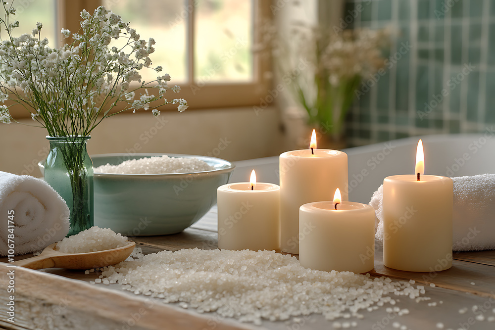 Elegant bathroom set with sea salt and essential oils, arranged with candles and towels, creating a soothing spa-like atmosphere with natural wellness products.
Elegant bathroom set with sea salt and essential oils, arranged with candles and towels, creating a soothing spa-like atmosphere with natural wellness products.