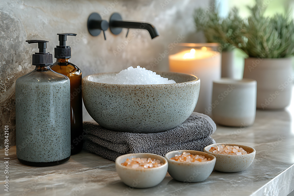 Elegant bathroom set with sea salt and essential oils, arranged with candles and towels, creating a soothing spa-like atmosphere with natural wellness products.
Elegant bathroom set with sea salt and essential oils, arranged with candles and towels, creating a soothing spa-like atmosphere with natural wellness products.