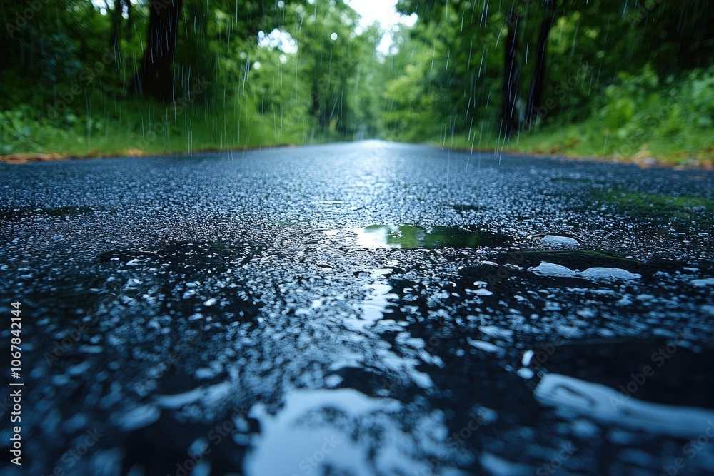 Fototapeta premium A close-up of a wet asphalt road. The image shows the reflection of trees and rain on the road, great for illustrating a gloomy or rainy day.