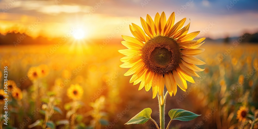 Fototapeta premium A golden sunflower standing alone in a field with warm light, bright, golden sunflower