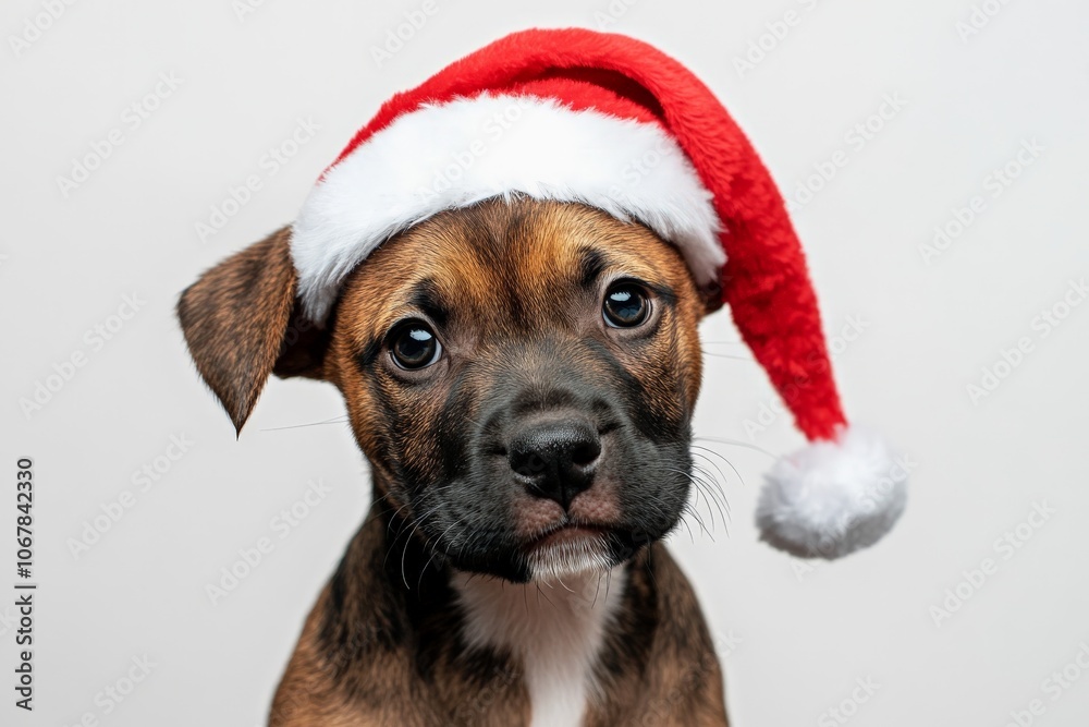 An adorable brown and white puppy with a red Santa hat poses sweetly, looking directly up as if curious, against a simple white background with soft lighting. An adorable brown and white puppy with a red Santa hat poses sweetly, looking directly up as if curious, against a simple white background with soft lighting.