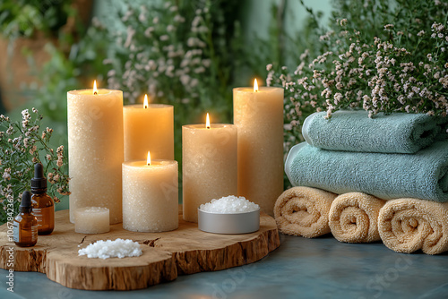 Elegant bathroom set with sea salt and essential oils, arranged with candles and towels, creating a soothing spa-like atmosphere with natural wellness products. 