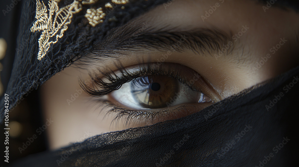 Close-up of a Young Muslim Girl’s Eye Framed by a Delicate Niqab, Soft Lighting Highlighting Intricate Details of Her Eyelashes and Iris