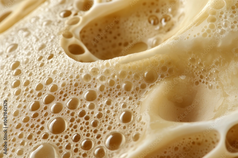 An extreme close-up view of beige foam reveals a complex pattern of bubbles, highlighting the texture and intricate details present in the soft, foamy surface. An extreme close-up view of beige foam reveals a complex pattern of bubbles, highlighting the texture and intricate details present in the soft, foamy surface.