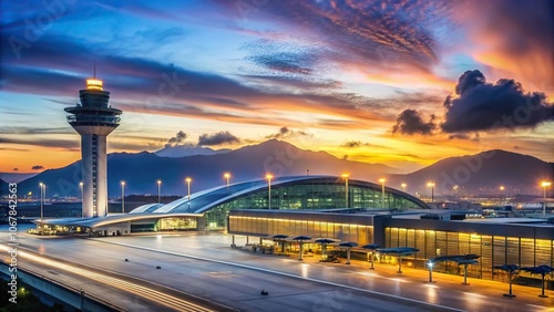 Airport terminal with airplanes at evening