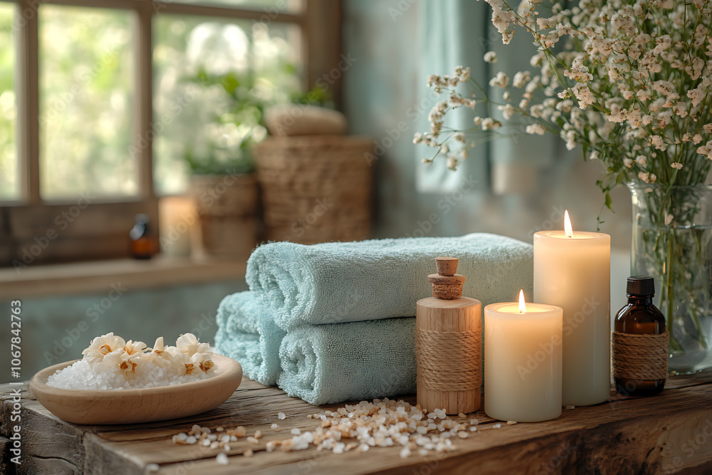 Elegant bathroom set with sea salt and essential oils, arranged with candles and towels, creating a soothing spa-like atmosphere with natural wellness products.
Elegant bathroom set with sea salt and essential oils, arranged with candles and towels, creating a soothing spa-like atmosphere with natural wellness products.