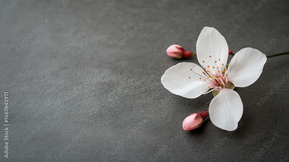 A delicate white flower with pink buds on a textured surface. A delicate white flower with pink buds on a textured surface.