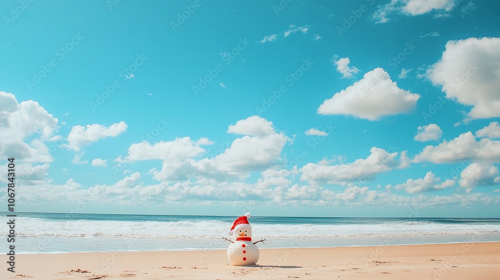 A snowman wearing a Santa hat stands on a sandy beach with a blue sky and white clouds in the background. A snowman wearing a Santa hat stands on a sandy beach with a blue sky and white clouds in the background.