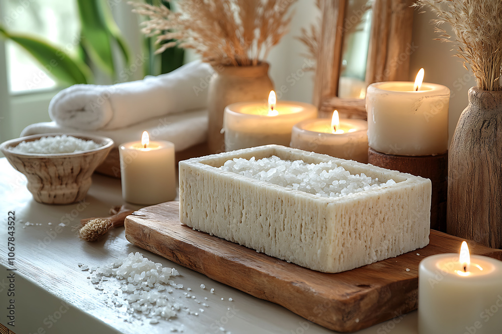 Elegant bathroom set with sea salt and essential oils, arranged with candles and towels, creating a soothing spa-like atmosphere with natural wellness products.
Elegant bathroom set with sea salt and essential oils, arranged with candles and towels, creating a soothing spa-like atmosphere with natural wellness products.