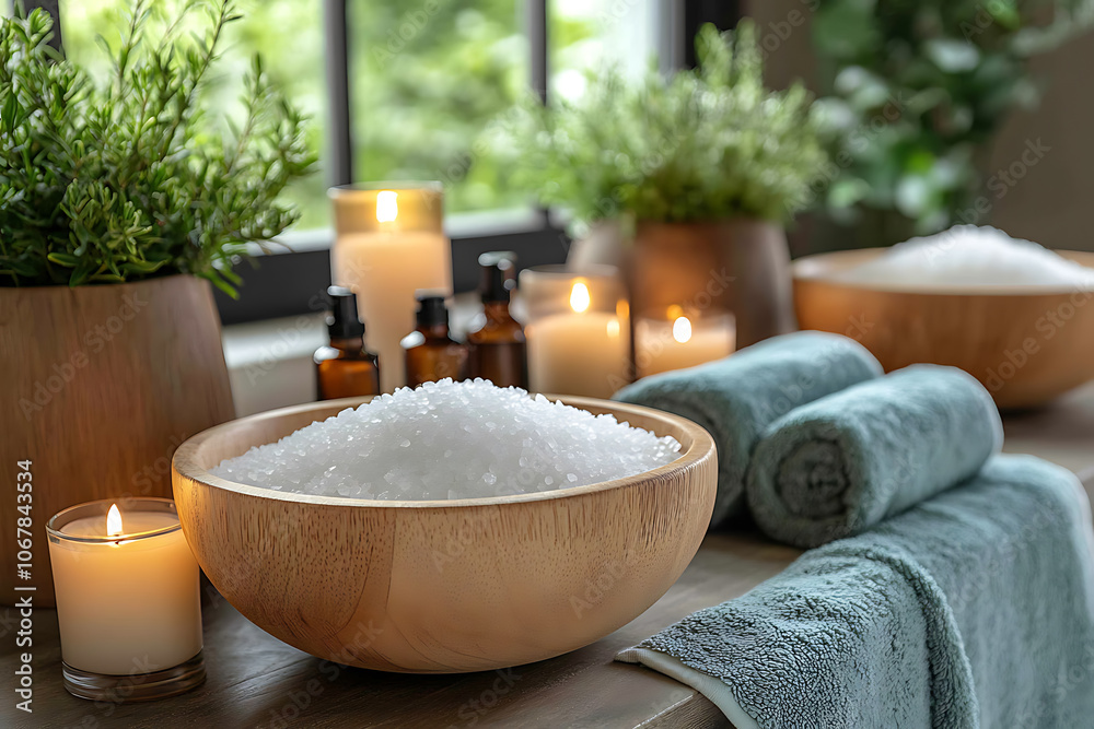 Elegant bathroom set with sea salt and essential oils, arranged with candles and towels, creating a soothing spa-like atmosphere with natural wellness products.
Elegant bathroom set with sea salt and essential oils, arranged with candles and towels, creating a soothing spa-like atmosphere with natural wellness products.