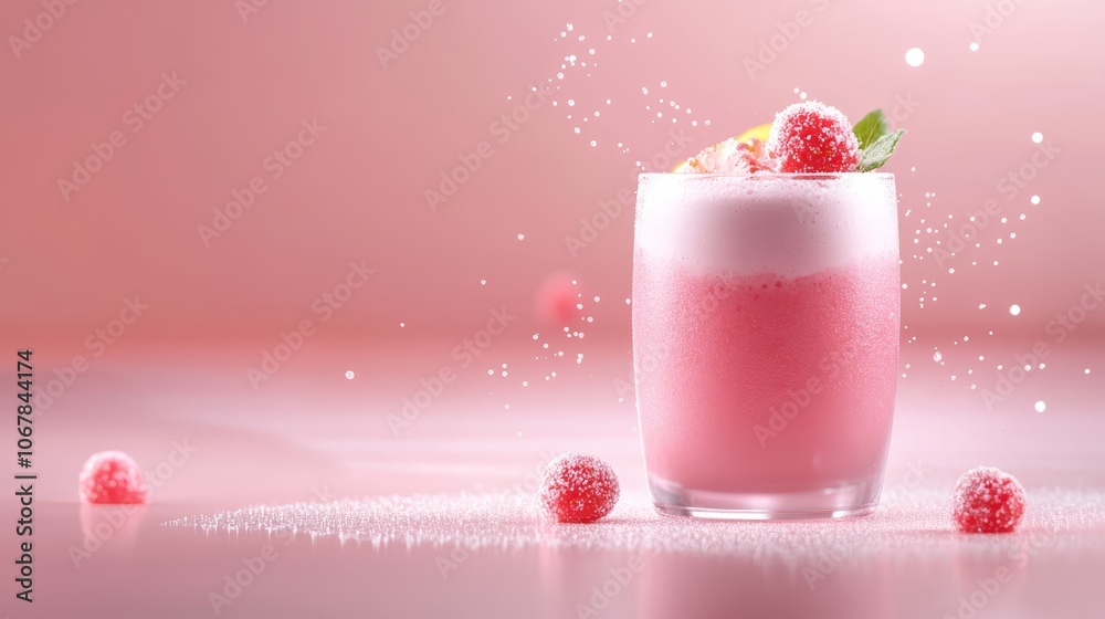 Closeup of vibrant pink drink with ice in a glass, refreshing summer beverage for cocktails and relaxation Closeup of vibrant pink drink with ice in a glass, refreshing summer beverage for cocktails and relaxation