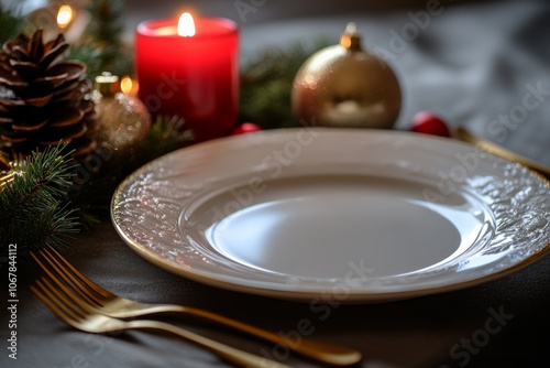 A delicate holiday table setting features a white plate, gold cutlery, and festive decorations like candles and pinecones, creating a cozy, festive atmosphere. photo