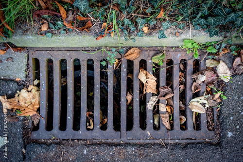 Mit herbstlichem Laub verstopfter Abwasser Schacht photo